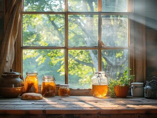 A rustic farmhouse kitchen filled with the warm glow of sunlight streaming through windows, highlighting jars of preserves and freshly baked bread homely comfort Soft, natural lighting creates a cozy 