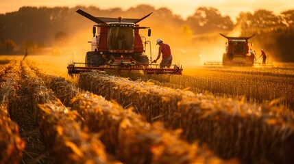Farmers Harvesting Crops in Golden Hour Field with Modern Agricultural Machinery and Equipment