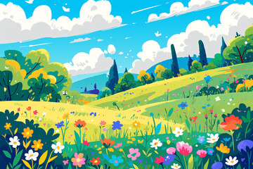 Beautiful spring outdoor landscape cartoon illustration, Beginning of Spring concept illustration background