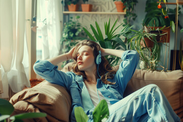 Woman relaxing at home listening to music with headphones in modern cozy interior with green plants