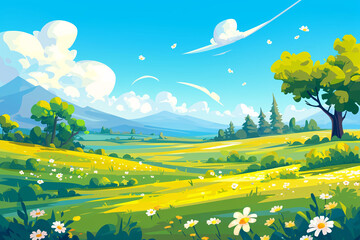 Beautiful spring outdoor landscape cartoon illustration, Beginning of Spring concept illustration background