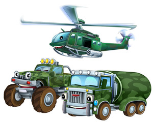 cartoon scene with two military army cars vehicles and flying helicopter theme isolated background illustration for children