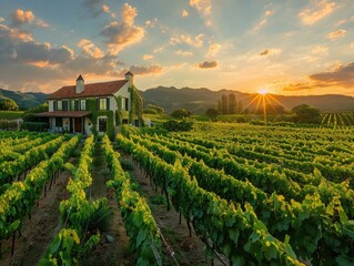 A rustic farmhouse nestled among rolling vineyards, with rows of grapevines stretching towards the horizon under the warm glow of sunset wine country charm Golden hour lighting accentuates the rustic
