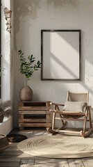 mockup poster frame hanging above a reclaimed wooden pallet, alongside a modern rocking chair, modern interior, hyperrealistic photography