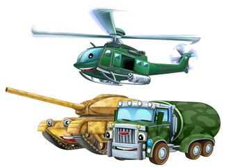 cartoon scene with two military army cars vehicles and flying helicopter theme isolated background illustration for children - 786436634
