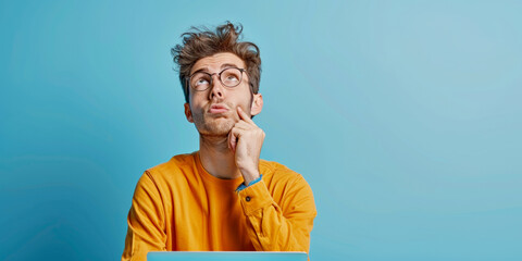 The guy is sitting at the laptop and thinking about something isolated on blue background - obrazy, fototapety, plakaty