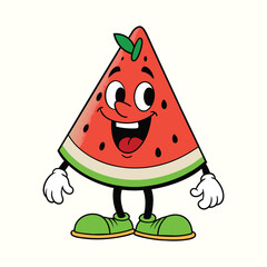 Watermelon retro funky cartoon character. smile face, funny, Groovy summer vector illustration.