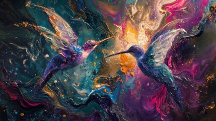 Naklejka premium hummingbirds of the eden colorful thick impasto painting