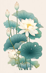 Illustration elements of national style lotus, lotus leaf and lotus leaf, illustration of lotus in the pond during the Beginning of Summer
