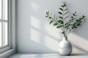 Foliage plant in clear glass painting set against a minimalist white and grey background,