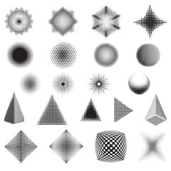 Halftone shape set isolated on white.  Retro futuristic grids in black color. Geometric elements in y2k design. Dotted shapes in pop art style. Vector illustration.