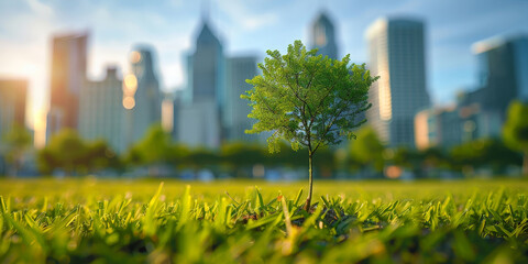 green tree growing on grass with city background, ecology concept. Green environment and eco friendly for sustainable development. copy space  - obrazy, fototapety, plakaty