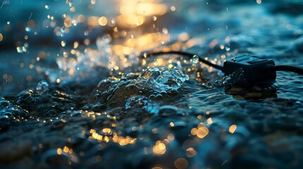 Shimmering water droplets at twilight with a captivating bokeh effect
