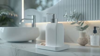 A white soap container in the bathroom