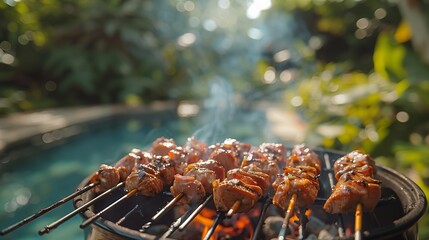 Bbq grill by the pool, summer party