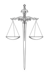 Antique ornate balance scales and sword Justice and making decision concept hand drawn isolated vector illustration