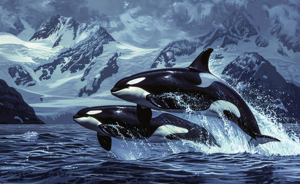 Two orcas leaping gracefully from the ocean, with snowcapped mountains in the background, showcasing their elegant and playful nature