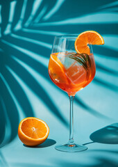 Aperole spritz in the big wine glass and slice of orange on the blue studio background with palm leaf shadow