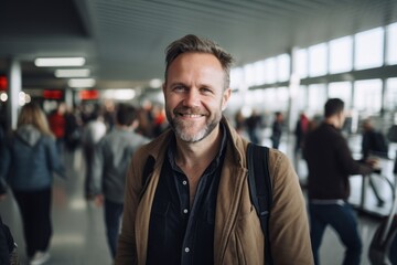 Fototapeta na wymiar Portrait of a happy man in his 40s wearing a chic cardigan over busy airport terminal