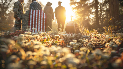 Close-up shot of a solemn moment on Memorial Day, a military family standing beside the grave of a fallen soldier, the American flag draped over the casket serving as a poignant backdrop - Powered by Adobe