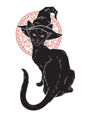 Black cat with pointy witch hat line art and dot work. Witch familiar spirit, halloween or pagan witchcraft theme tapestry print design vector illustration