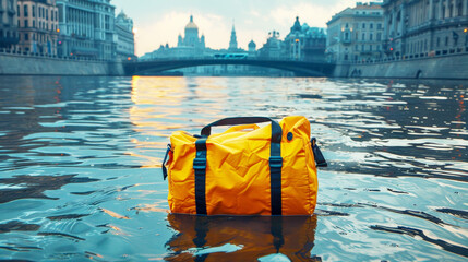 Yellow woman sport bag floating in a river of the centre city, in the style of hyper realistic - obrazy, fototapety, plakaty