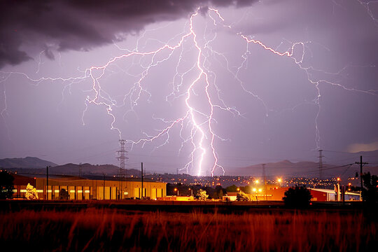 Dramatic image of a powerful lightning bolt streaking across the sky, striking behind a warehouse building
