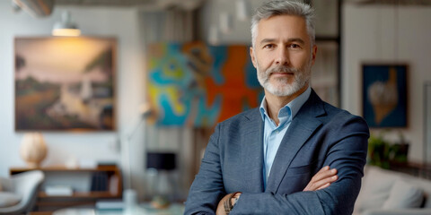 handsome businessman with gray hair and goatee in modern office, arms crossed - obrazy, fototapety, plakaty