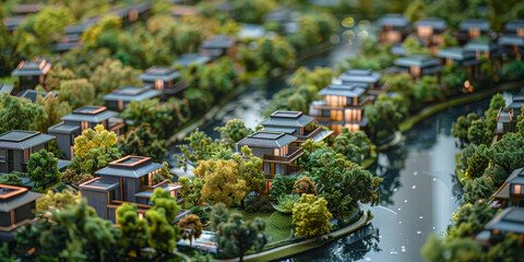 A detailed model of an urban development with green modern houses, greenery and trees. eco-friendly building concept