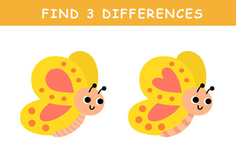 Find 3 differences in illustration. Educational activity with cute butterfly illustration. Spot difference. Educational fun game for children.	