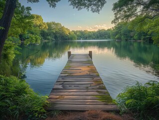 A serene lakeside retreat with a rustic wooden dock stretching out over calm waters, framed by lush greenery tranquil escape Soft, diffused light bathes the scene, creating a peaceful and idyllic - obrazy, fototapety, plakaty