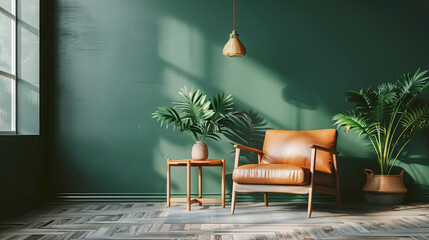 Minimalist interior design of dark green wall with retro leather armchair and wooden side table near hanging lamp in living room