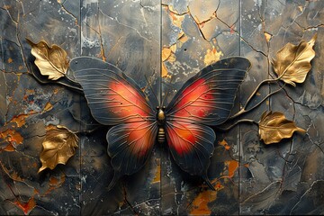Obraz premium panel wall art, marble background with flowers designs and butterfly silhouette, wall decoration