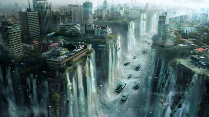 Cascading Waterfalls Forming Futuristic Cityscape with Floating Boats and Navigating Vehicles
