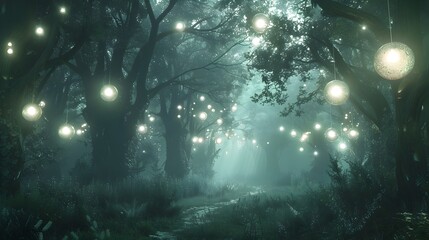 Enchanting Mystical Forest Illuminated by Ethereal Orbs of Light Along Winding Pathway - obrazy, fototapety, plakaty