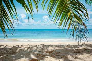 Close-up of sand on a sunny beach with palm leaves hanging from above, blue sea in the far background. AI generative
