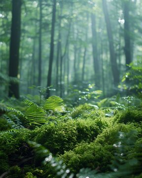 A serene forest scene featuring a variety of ferns, moss, and other forest plants ,close-up,ultra HD,digital photography