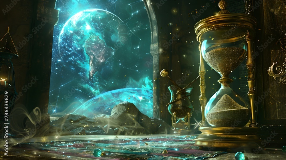 Poster mystical study of an ancient hourglass counting down to a celestial event