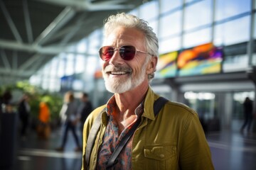 Portrait of a blissful afro-american man in his 60s wearing a trendy sunglasses while standing against busy airport terminal