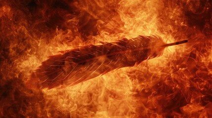Dramatic image of a dark feather engulfed in intense flames and fiery textures.