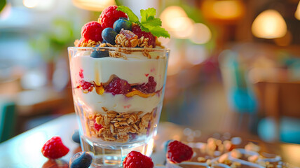 Yogurt parfait with fresh berries and granola - obrazy, fototapety, plakaty