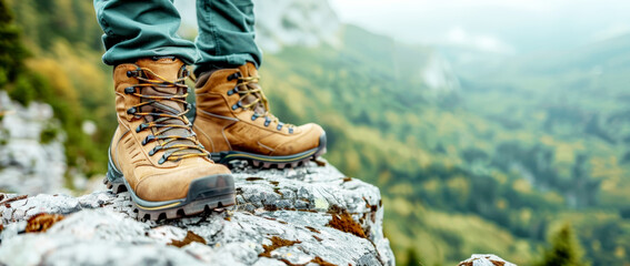 Hiking boots worn in the style of man on mountain cliff, closeup of shoes and nature background with forest landscape, sunlight. Traveling adventure lifestyle concept banner. - obrazy, fototapety, plakaty