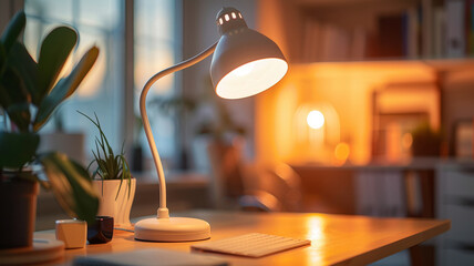 A lamp lit on a tidy, modern desk environment.