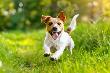 Happy dog ​​runs through green grass, front view. AI generative