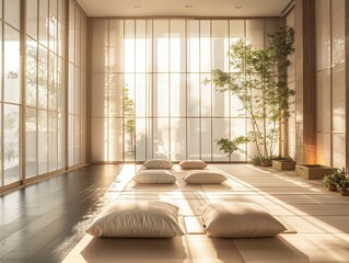 A serene, Zen-inspired meditation room with minimalist decor and soft natural lighting streaming through paper screens inner peace Gentle illumination creates a calming ambiance