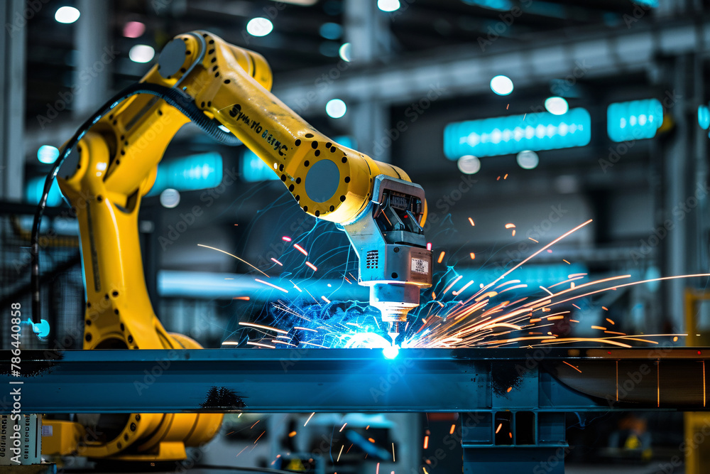 Poster industrial robot working on factory assembly line, 3d rendering of smart industrial robotic arm for 