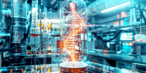 Detailed illustration capturing the essence of a futuristic laboratory, with a luminous DNA model enclosed within a transparent vial, showcasing the advanced scientific atmosphere.