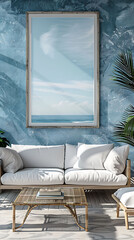 Mockup poster frame in a contemporary coastal living room with serene ocean-inspired hues, 3d render, hyperrealistic