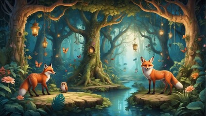 Enchanted Forest, mystical illustration. Whimsical jungle setting with ancient trees, hidden pathways, wild animals fox, deer, owls. Rainforest wallpaper for kids room, interior design. mural art.
