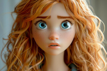 3D cartoon of a beautiful girl with long red hair and big green eyes wearing a white top - obrazy, fototapety, plakaty